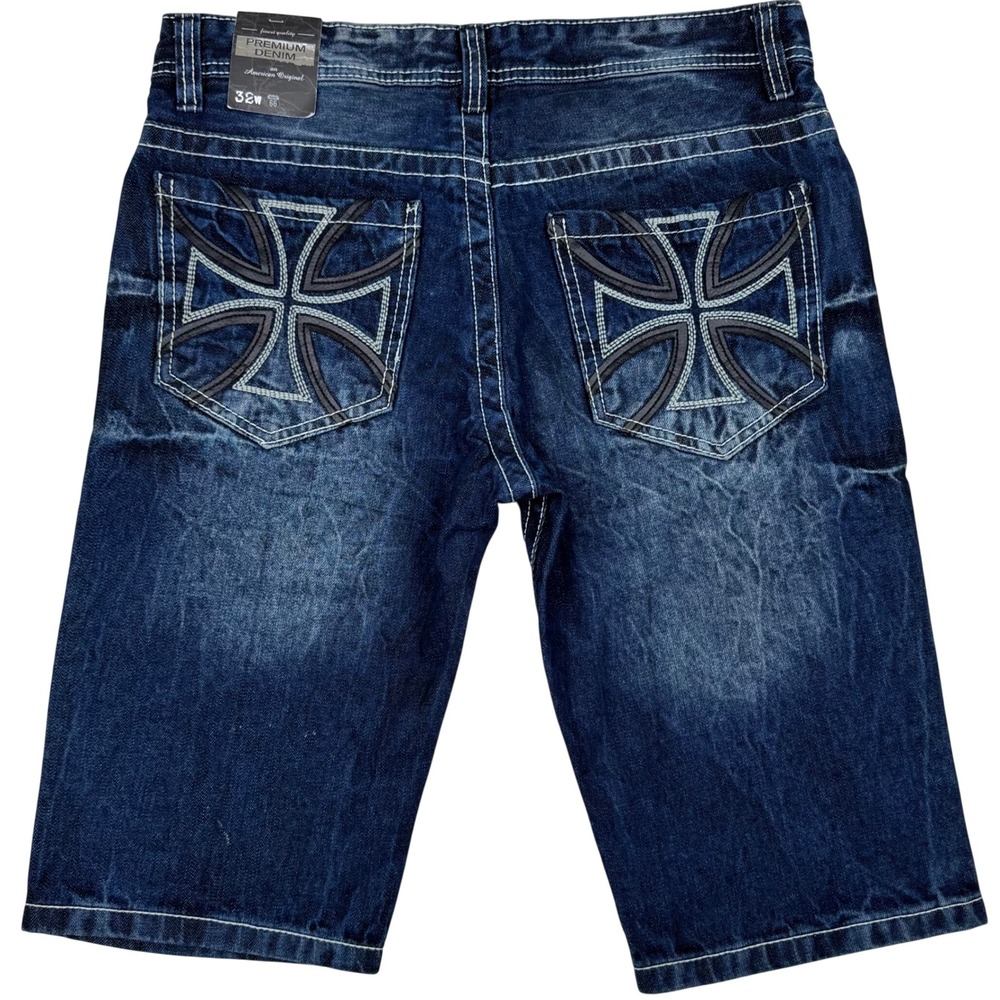 NEW Route 66 Premium Denim Bermuda Jeans Shorts Men 32 (34) Cross Embroidery Y2K